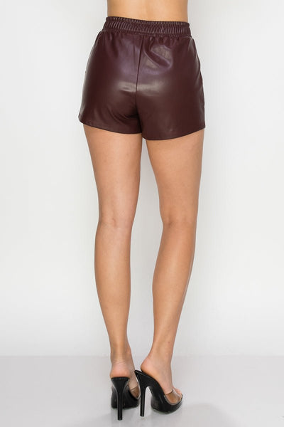 Our Best 92% Polyester 8% Spandex Pocketed High-rise Elasticized Waistband Faux Leather Mini Shorts (Burgundy)