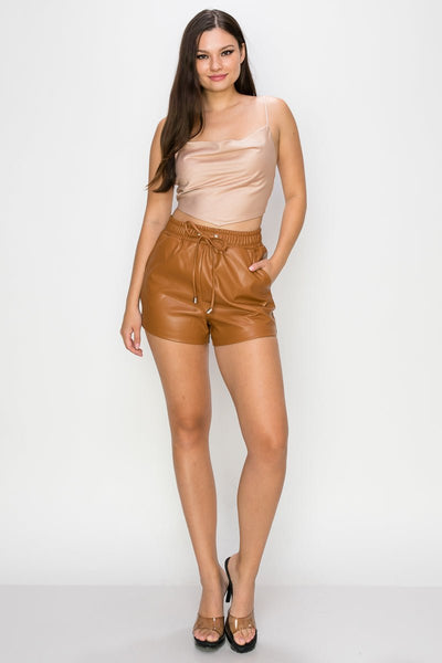 Our Best 92% Polyester 8% Spandex Pocketed High-rise Elasticized Waistband Faux Leather Mini Shorts (Camel)
