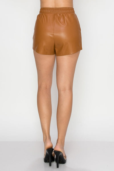 Our Best 92% Polyester 8% Spandex Pocketed High-rise Elasticized Waistband Faux Leather Mini Shorts (Camel)
