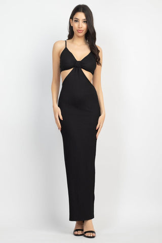 Doreen Maxine 98% Polyester 2% Spandex Cutout V-neckline Halter Detail Sleeveless Cocktail Party Maxi Dress (Black)
