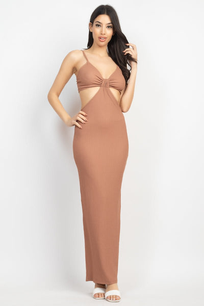 Doreen Maxine 98% Polyester 2% Spandex Cutout V-neckline Halter Detail Sleeveless Cocktail Party Maxi Dress (Brown)