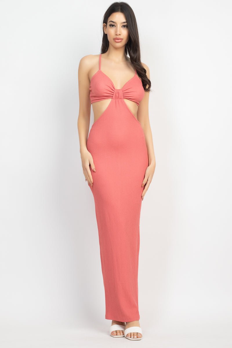 Doreen Maxine 98% Polyester 2% Spandex Cutout V-neckline Halter Detail Sleeveless Cocktail Party Maxi Dress (Rose)