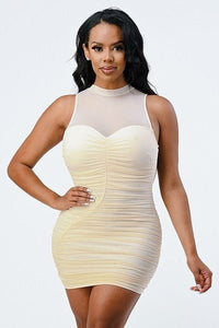 Our Best 95% Nylon 5% Spandex Lux Stretch Mock Neck Mesh Ruched Dress (Cream)