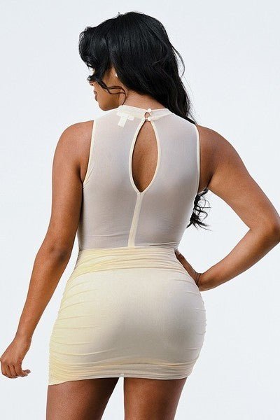 Our Best 95% Nylon 5% Spandex Lux Stretch Mock Neck Mesh Ruched Dress (Cream)