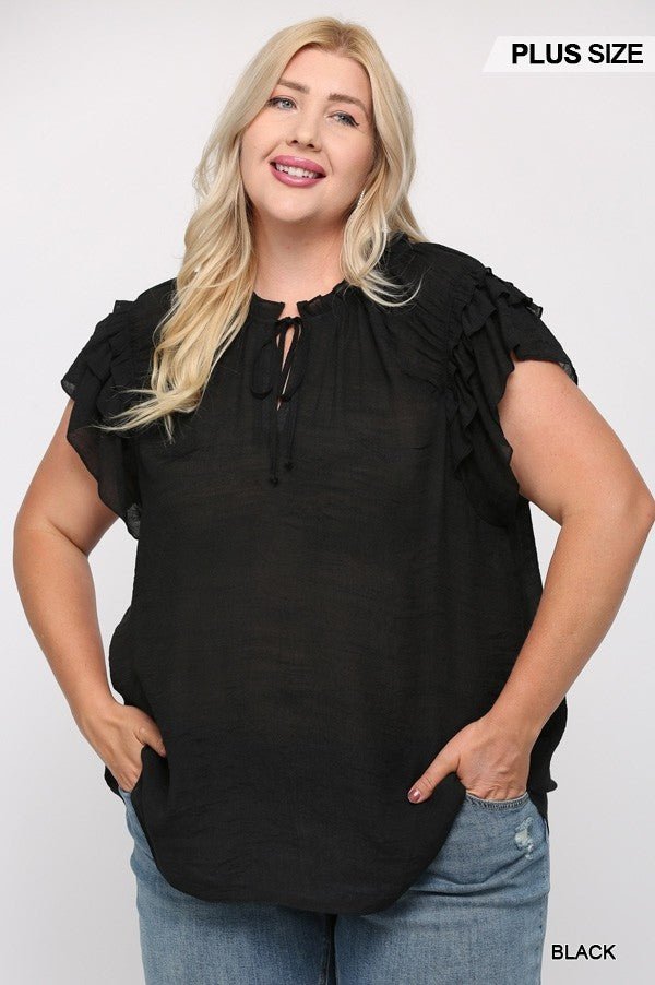 Plus Size Lovely Ladies 100% Polyester Triple Ruffle Sleeve V-neck Top With Front Tie Top (Black)