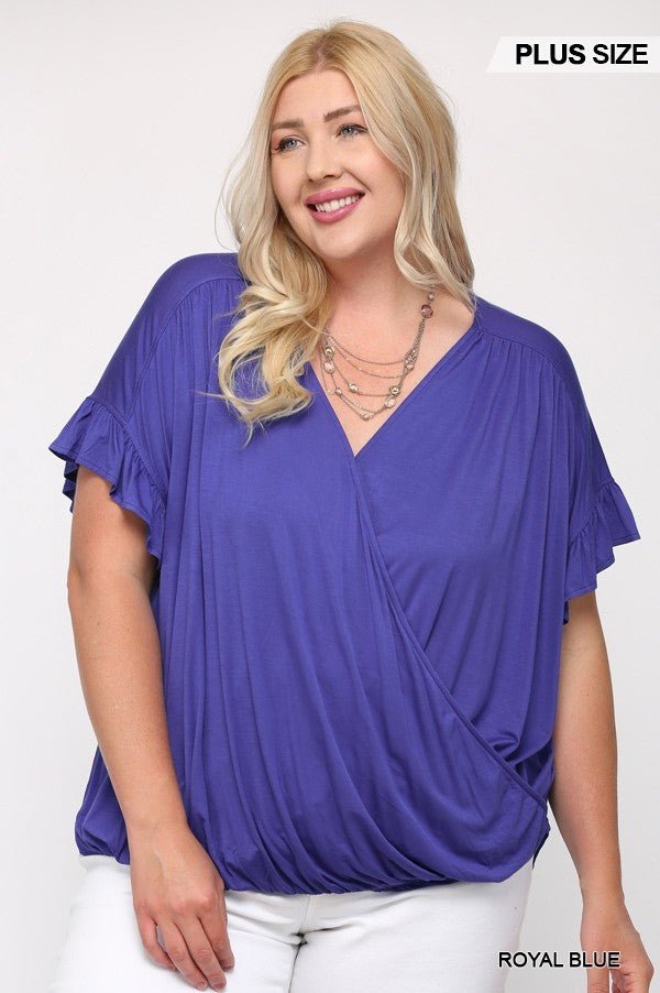 Plus Size Lovely Ladies 94% Viscose 6% Spandex Solid Viscose Knit Surplice Top Ruffle Sleeve Detail (Royal Blue)