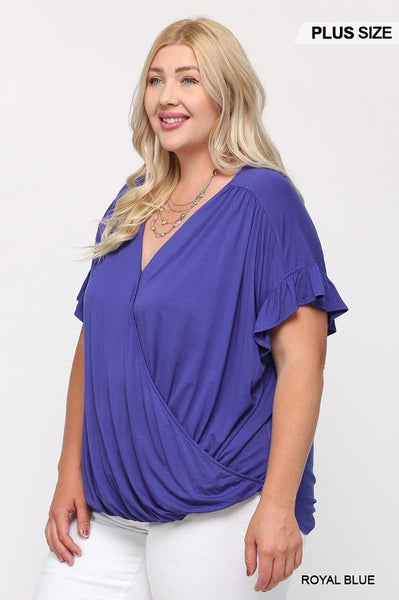 Plus Size Lovely Ladies 94% Viscose 6% Spandex Solid Viscose Knit Surplice Top Ruffle Sleeve Detail (Royal Blue)