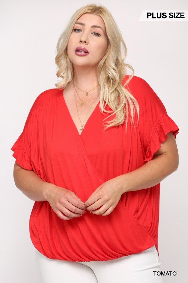 Plus Size Lovely Ladies 94% Viscose 6% Spandex Solid Viscose Knit Surplice Top Ruffle Sleeve Detail (Tomato)