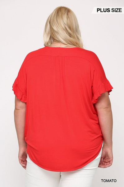 Plus Size Lovely Ladies 94% Viscose 6% Spandex Solid Viscose Knit Surplice Top Ruffle Sleeve Detail (Tomato)
