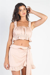 Our Best 100% Polyester Dusty Peach Satin Effect Ruched Bust Top & Wrap Mini Skirt Two Piece Set (Dusty Peach)