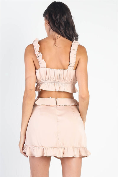 Our Best 100% Polyester Dusty Peach Satin Effect Ruched Bust Top & Wrap Mini Skirt Two Piece Set (Dusty Peach)