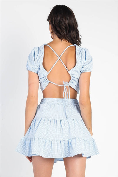 Our Best Polyester Blend Plaid Two Piece Crop Top & High Waist Flare Skirt Set (Light Blue & White)