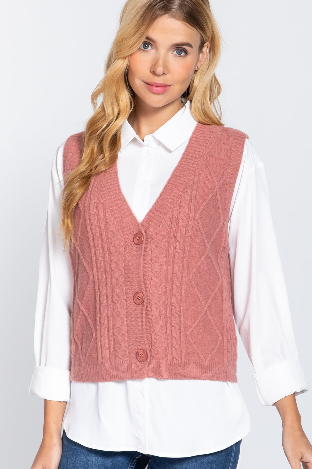 Our Best 44% Acrylic 30% Nylon 20% Polyester V-neck Cable Knit Sweater Vest Cardigan (Pink)