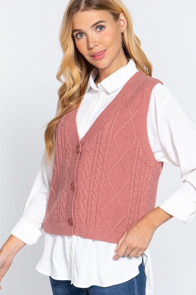 Our Best 44% Acrylic 30% Nylon 20% Polyester V-neck Cable Knit Sweater Vest Cardigan (Pink)