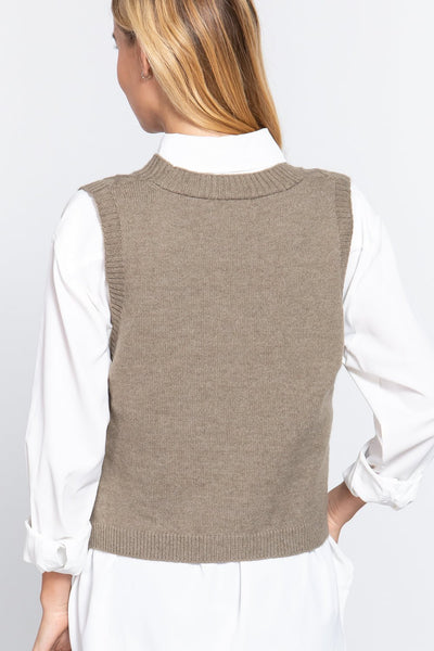 Our Best 44% Acrylic 30% Nylon 20% Polyester V-neck Cable Knit Sweater Vest Cardigan (Sage Green)