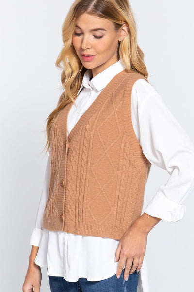 Our Best 44% Acrylic 30% Nylon 20% Polyester V-neck Cable Knit Sweater Vest Cardigan (Tan)