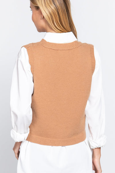 Our Best 44% Acrylic 30% Nylon 20% Polyester V-neck Cable Knit Sweater Vest Cardigan (Tan)