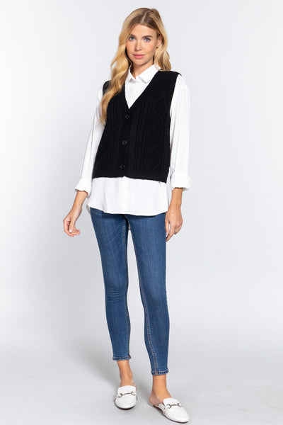 Our Best 44% Acrylic 30% Nylon 20% Polyester V-neck Cable Knit Sweater Vest Cardigan (Black)