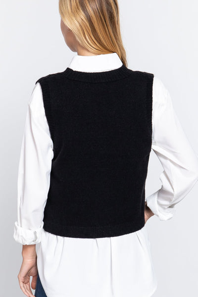 Our Best 44% Acrylic 30% Nylon 20% Polyester V-neck Cable Knit Sweater Vest Cardigan (Black)