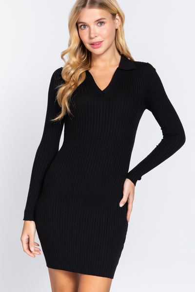 Lili Liliana 49% Viscose 23% Nylon 28% Polyester Long Sleeve V-neck Sweater Rib Mini Dress (Black)