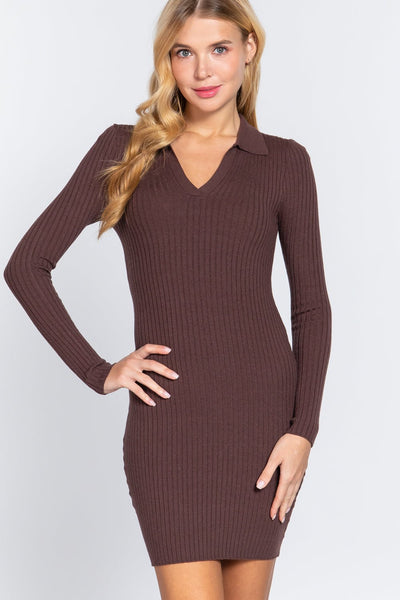 Lili Liliana 49% Viscose 23% Nylon 28% Polyester Long Sleeve V-neck Sweater Rib Mini Dress (Cocoa Brown)