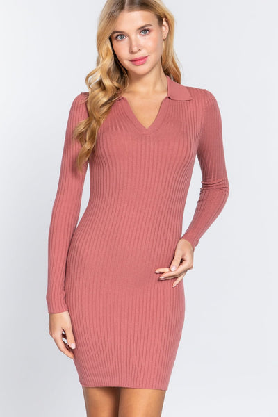 Lili Liliana 49% Viscose 23% Nylon 28% Polyester Long Sleeve V-neck Sweater Rib Mini Dress (Rose Pink)