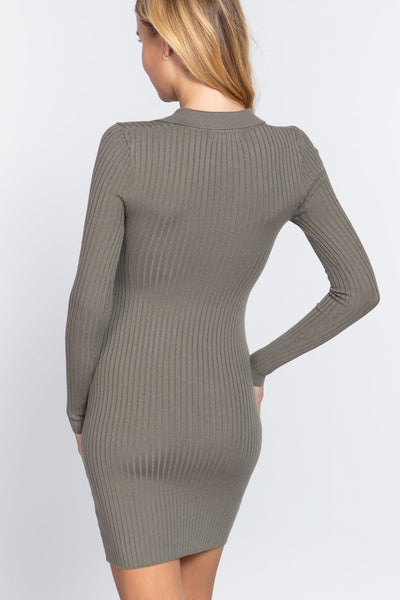 Lili Liliana 49% Viscose 23% Nylon 28% Polyester Long Sleeve V-neck Sweater Rib Mini Dress (Sage Green)