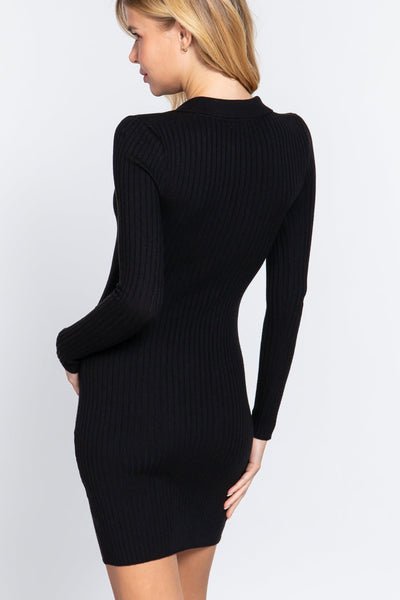 Lili Liliana 49% Viscose 23% Nylon 28% Polyester Long Sleeve V-neck Sweater Rib Mini Dress (Black)