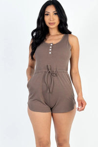 French Terry 95% Polyester 5% Spandex Sleeveless Drawstring Waist Button & Pocket Detail Tank Romper (Taupe)