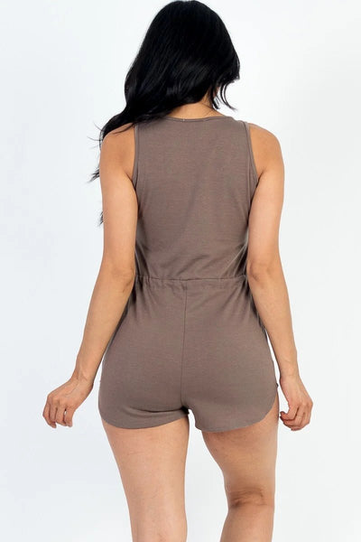 French Terry 95% Polyester 5% Spandex Sleeveless Drawstring Waist Button & Pocket Detail Tank Romper (Taupe)