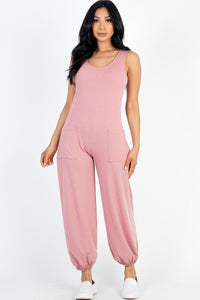 Carianne Casual 95% Polyester 5% Spandex Solid French Terry Sleeveless Scoop Neck Front Pocket Detail Jumpsuit (Rosewood)
