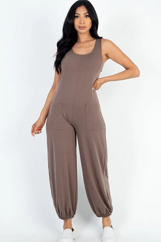 Carianne Casual 95% Polyester 5% Spandex Solid French Terry Sleeveless Scoop Neck Front Pocket Detail Jumpsuit (Taupe)