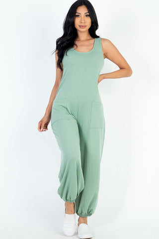 Carianne Casual 95% Polyester 5% Spandex Solid French Terry Sleeveless Scoop Neck Front Pocket Detail Jumpsuit (Green Bay)