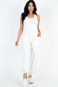 Carianne Casual 95% Polyester 5% Spandex Solid French Terry Sleeveless Scoop Neck Front Pocket Detail Jumpsuit (White)