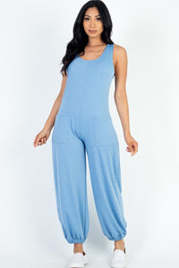 Carianne Casual 95% Polyester 5% Spandex Solid French Terry Sleeveless Scoop Neck Front Pocket Detail Jumpsuit (Cloud)