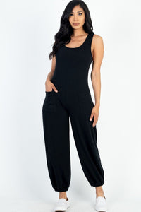 Carianne Casual 95% Polyester 5% Spandex Solid French Terry Sleeveless Scoop Neck Front Pocket Detail Jumpsuit (Black)