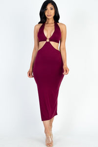 Swing Out Sister 92% Polyester 8% Spandex Cut-out Halter Neck Double Back Tie Split Thigh Midi Dress (Burgundy)