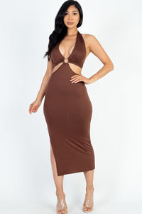 Swing Out Sister 92% Polyester 8% Spandex Cut-out Halter Neck Double Back Tie Split Thigh Midi Dress (Downtown Brown)