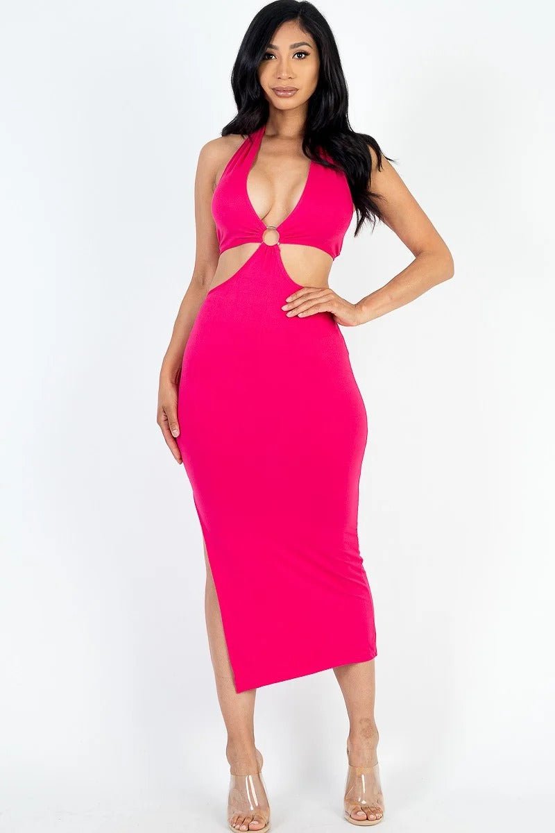 Swing Out Sister 92% Polyester 8% Spandex Cut-out Halter Neck Double Back Tie Split Thigh Midi Dress (Fuschia)