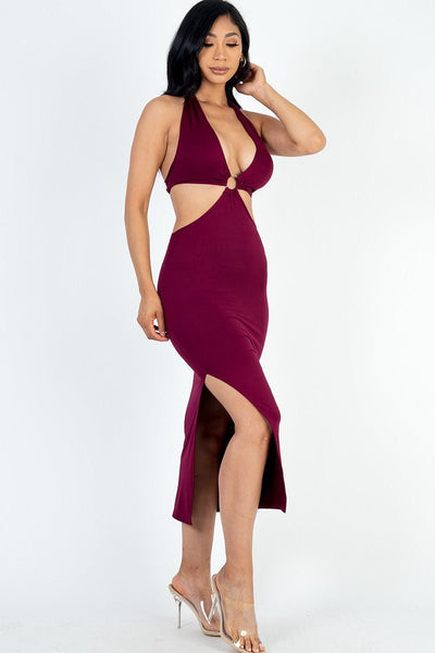 Swing Out Sister 92% Polyester 8% Spandex Cut-out Halter Neck Double Back Tie Split Thigh Midi Dress (Burgundy)