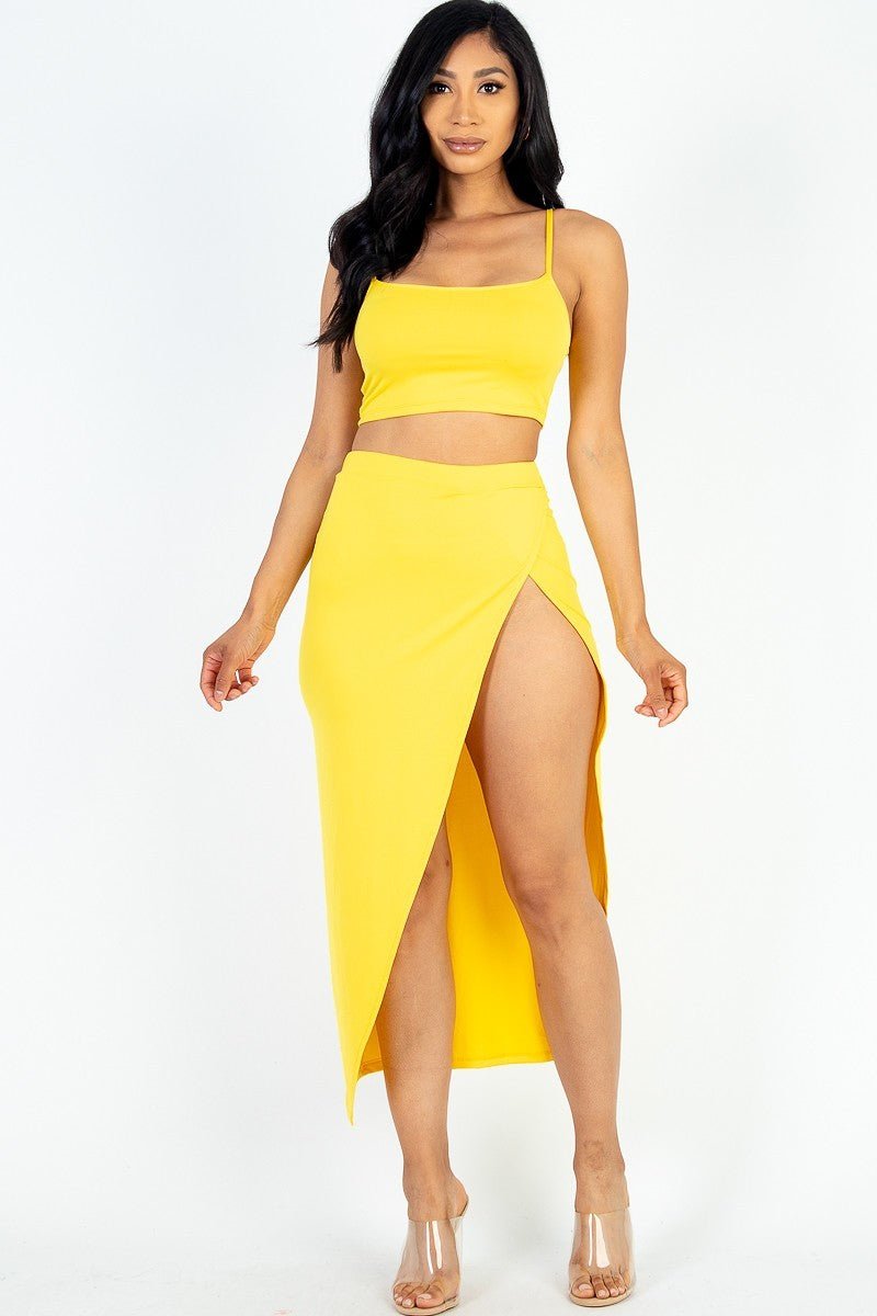 Cassandra Care-Free 92% Polyester 8% Spandex Crop Cami & Split Thigh Jersey Knit Two Piece Maxi Skirt Set (Yellow)