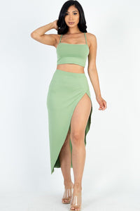 Cassandra Care-Free 92% Polyester 8% Spandex Crop Cami & Split Thigh Jersey Knit Two Piece Maxi Skirt Set (Basil)