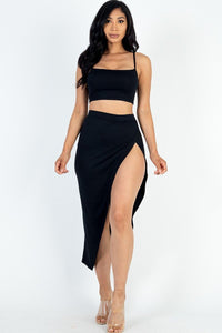 Cassandra Care-Free 92% Polyester 8% Spandex Crop Cami & Split Thigh Jersey Knit Two Piece Maxi Skirt Set (Black)