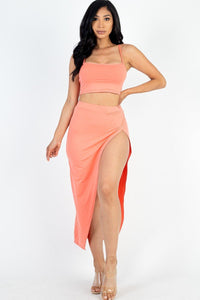 Cassandra Care-Free 92% Polyester 8% Spandex Crop Cami & Split Thigh Jersey Knit Two Piece Maxi Skirt Set (Flamingo)