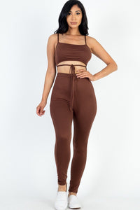 Our Best Polyester/Spandex Blend Solid Color Tie Front Cut Out Detail Jersey Knit Jumpsuit (Downtown Brown)