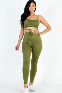 Our Best Polyester/Spandex Blend Solid Color Tie Front Cut Out Detail Jersey Knit Jumpsuit (Olive Branch)