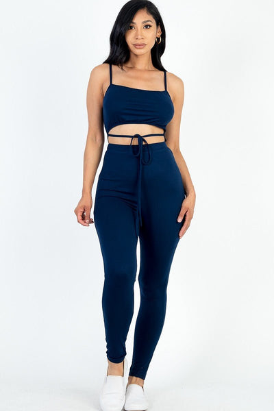 Our Best Polyester/Spandex Blend Solid Color Tie Front Cut Out Detail Jersey Knit Jumpsuit (Navy)