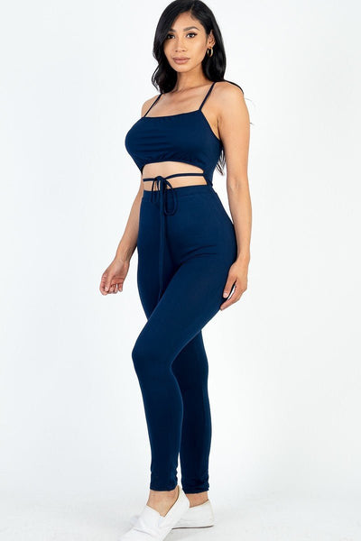 Our Best Polyester/Spandex Blend Solid Color Tie Front Cut Out Detail Jersey Knit Jumpsuit (Navy)