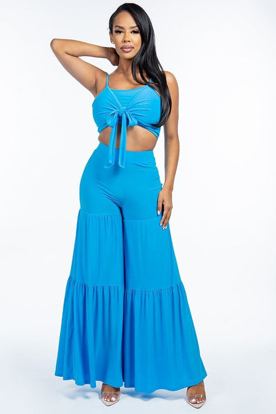 Our Best 96% Polyester 4% Spandex Solid Tie Front Spaghetti Strap Tank Top And Tiered Wide Leg Pants Two Piece Set (Aqau)