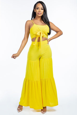 Our Best 96% Polyester 4% Spandex Solid Tie Front Spaghetti Strap Tank Top And Tiered Wide Leg Pants Two Piece Set (Yellow)